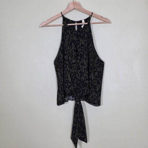 Tyche Halter Tie Front Top Womens L Green Black Leopard Print Lined Boho Preppy - Picture 12 of 13